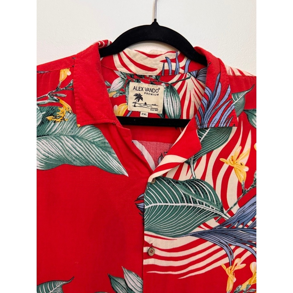 Alex Vando Premium Mens 2XL Red Tropical Floral Palm Leaf Short Sleeve Shirt - Picture 3 of 7